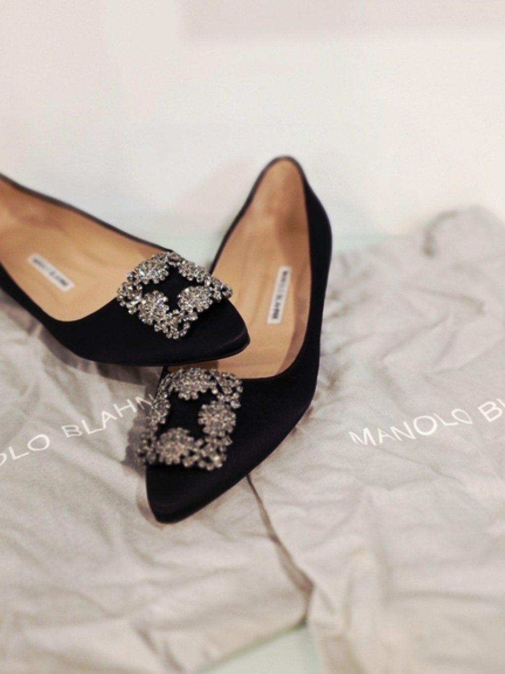 Manolo Blahnik Black Satin Pointed Satin Flats with Crystal Buckle